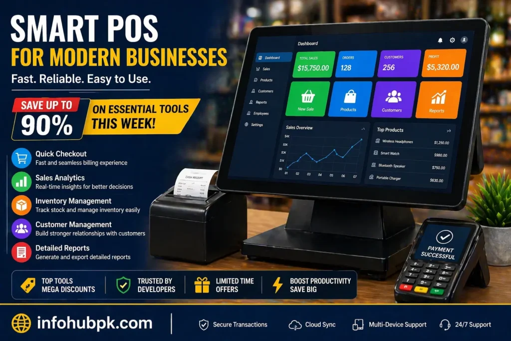 A modern cloud-based POS system interface showing sales analytics and inventory management for a retail business.