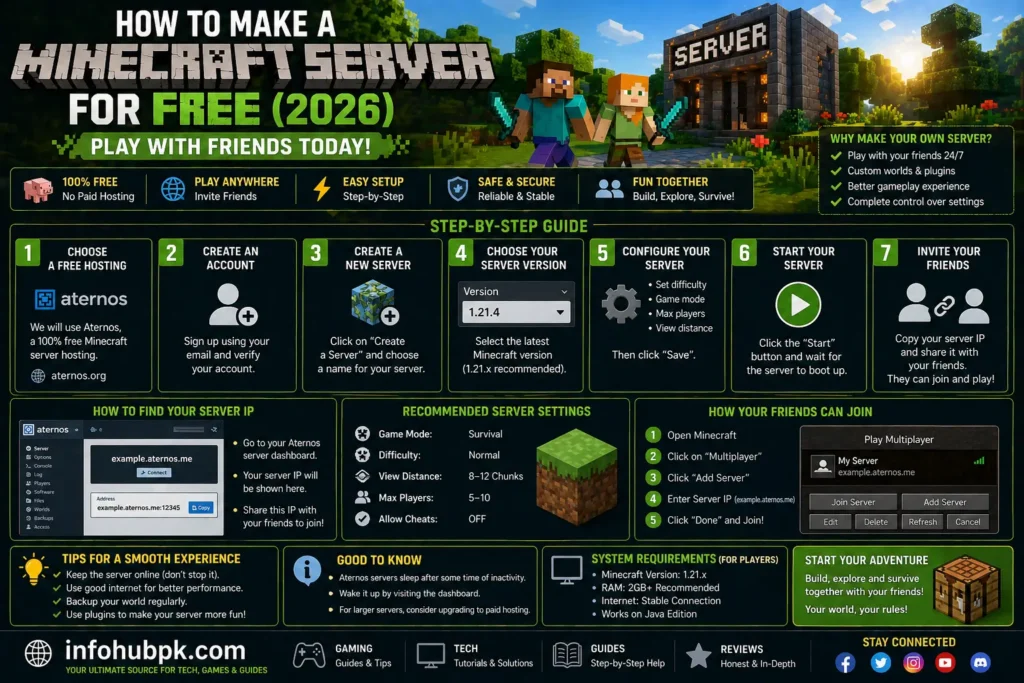 Dashboard of Aternos showing how to start a free Minecraft server
