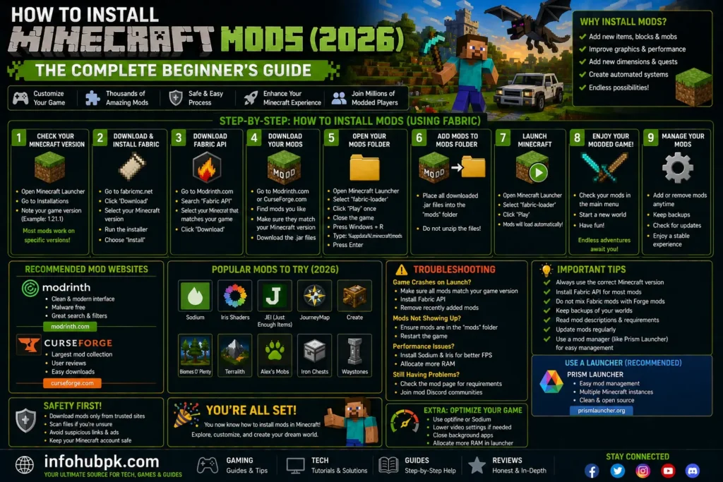 Minecraft mods installation guide showing step by step process for beginners in 2026