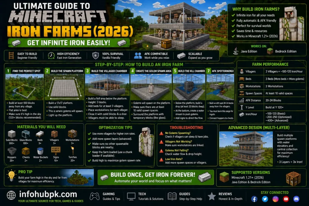 Minecraft iron farm tutorial showing automatic iron generation setup for survival worlds