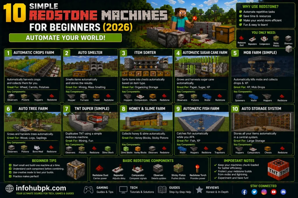 Beginner friendly Minecraft redstone machines showing automation builds and simple mechanisms